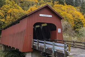 Lincoln County Prints: Chitwood Covered Bridge in autumn in Lincoln County, Oregon, USA