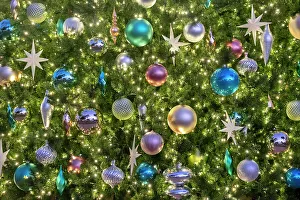 Silver Prints: Christmas ornaments and lights on an artificial tree
