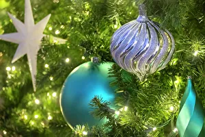 Silver Prints: Christmas ornaments and lights on an artificial tree