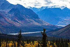 Prints of Chugach Mountains, Glenn Highway, Alaska, river, autumn color, tundra Images Dated 2020 March: Chugach Mountains, Glenn Highway, Alaska, river, autumn color, tundra
