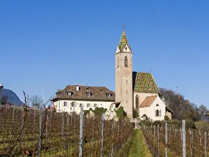 Viniculture Prints: The church of Altenburg (Castelvecchio) high above Kaltern (Caldaro)