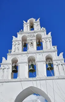 Images Dated 2028: Church with bells in small traditional village near Kamari in Santorini in Greek Islands