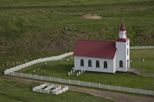 Images Dated 8th July 2009: Church and farm in pastoral valley at foot of Mt. Helgafell in southwest Iceland