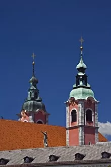 Church rooftop and bell towers, Ljubliana, Slovenia