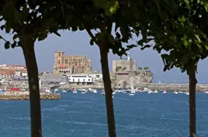 Sea Port Prints: Church of Santa Maria and castle lighthouse in the harbor at Castro Urdiales, Cantabria