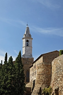Pienza Prints: Church steeple and city wall, Pienza, Italy