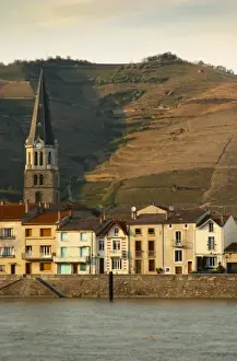Bucolic Prints: The church in Tain and houses along the river. The Hermitage vineyards on the hill