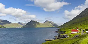 Images Dated 5th July 2016: The church in village Husar on Kalsoy, in the background the island of Bordoy and Klaksvik