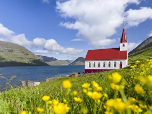 Faroe Prints: The church in village Husar on Kalsoy, in the background the island of Bordoy and Klaksvik