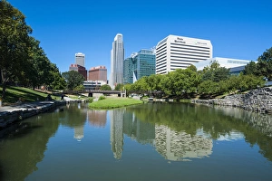 Midwestern Prints: City park lagoon with downtown Omaha, Nebraska, USA