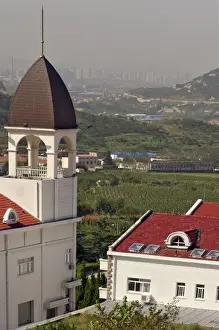 Shandong Province Prints: City of Qingdao in the distance of Chateau and vineyard at Huadong-Parry winery