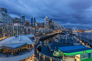 Images Dated 18th April 2017: City skyline at dusk from Bell Street Pier in Seattle, Washington, USA