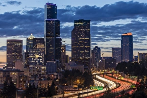 Images Dated 2nd April 2016: City skyline and Interstate 90 and 5 from Rizal Bridge in downtown Seattle, Washington