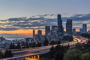 Traffic Prints: City skyline and Interstate 90 and 5 from Rizal Bridge in downtown Seattle, Washington