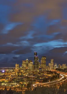 Seattle Prints: City skyline and Interstate 90 and 5 from Rizal Bridge in downtown Seattle