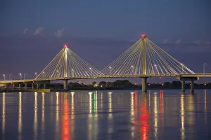 Clark Bridge at dusk-night over Mississippi River Alton, IL