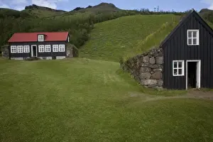 Terrain Prints: Classic Icelandic rural architecture in sod-roofed workshop (R) and traditional schoolhouse