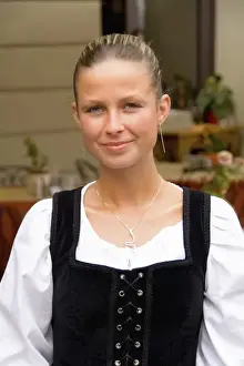 Images Dated 7th August 2020: Close up of beautiful waitress in costume of tourist city of Cesky Krumlov in Czech Republic