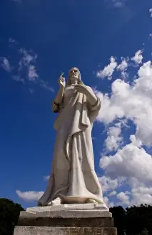 Close up of famous Christ statue on top of mountain overlooking Havana Cuba