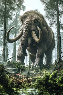 Ai Generated Prints: Close-up of ancient mastodon in forest. (AI Generated)
