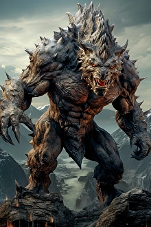 Muscular Prints: Close-up of angry Godzilla creature and mountain