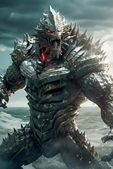 Creature Prints: Close-up of angry Godzilla creature and ocean