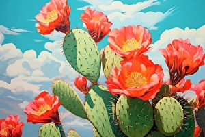 Ai Generated Prints: Close-up of desert cactus with red flowers. (AI Generated)