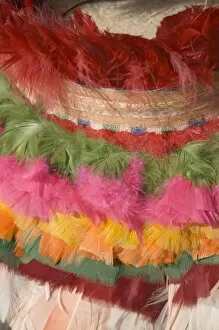 Close-up of feathers on elaborate hat worn during traditional dances, Taquile Island