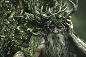 Ai Generated Prints: Close-up of man with antler hat and beard. (AI Generated)