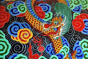 Buddhism Prints: Closeup of colorful Korean Buddhist drum, Hiroshima, Japan