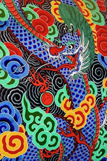 Buddhism Prints: Closeup of colorful Korean Buddhist drum, Hiroshima, Japan