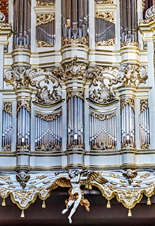 Poland Prints: Closeup ornate white Organ St. John's Church