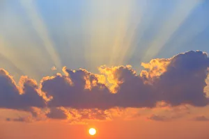 Sun Ray Prints: Cloud formations after sunrise, Hulopo e Bay, Lanai Island, Hawaii, USA