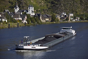 Rhineland Palatinate Prints: Coal barge going up river, Karden, Mosel Valley, Rhineland Palatinate, Germany
