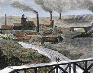 Industry Prints: Coal mining. Herscheuse Mining. Quaregnon County. Belgium. Colored engraving from 1884