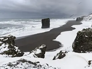 Austurland Prints: Coastline near Lon during storm in winter in the eastern fjords near Djupivogur. europe
