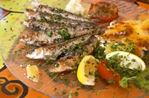 Brasserie Prints: Collioure. Roussillon. Grilled sardines with potato gratin. France. Europe