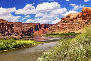 Sandstone Prints: Colorado River Reflection Green Grass Red Rock Canyon Outside Arches National Park