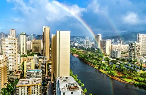 Rainstorm Prints: Colorful Ala Wai Canal Apartment Buildings, Honolulu, Oahu, Hawaii
