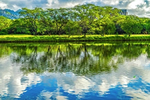 Images Dated 24th January 2024: Colorful Ala Wai Canal reflection, Honolulu, Oahu, Hawaii