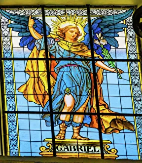 Basilica Prints: Colorful Archangel Gabriel Stained glass Cathedral Puebla, Mexico