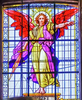 Basilica Prints: Colorful Archangel Uriel Stained glass Cathedral Puebla, Mexico