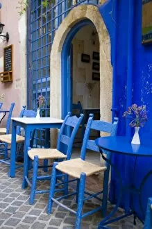 Colorful Blue doorway and siding to old hotel in Old town of Chania Greek Island of Crete