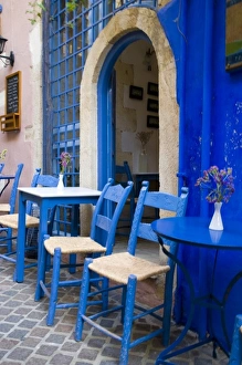 Colorful Blue doorway and siding to old hotel in Old town of Chania Greek Island of Crete Colorful Blue doorway and siding to old hotel in Old town of Chania Greek Island of Crete