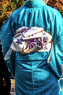 Kyoto Prints: Colorful blue traditional Japanese kimono white obi