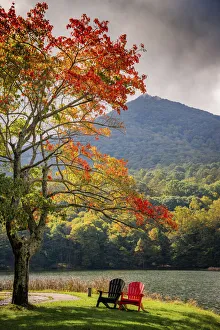 Great Smoky Mountain Prints: Colorful chairs on the banks of the lake