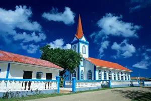A colorful church on the island of Tahaa in the Society Islands of French Polynesia