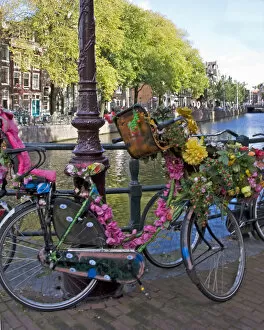 Colorful decorated bicycle with pink flowers and a pink passenger seat parked