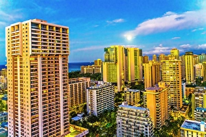 Illuminated Prints: Colorful early morning, Honolulu, Oahu, Hawaii