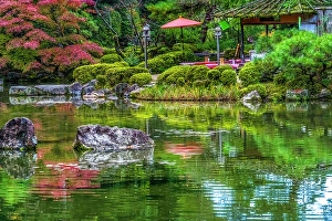 Kyoto Prints: Colorful garden, water reflection